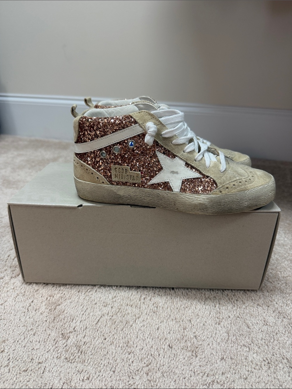 Golden Goose Mid-Top Sneakers in Rose Gold Glitter and Cream Suede